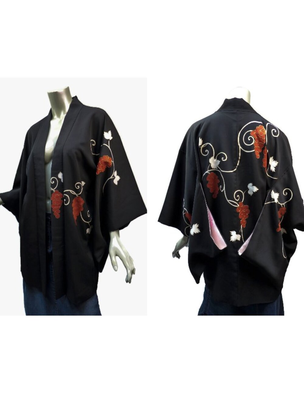Vintage Women's Haori Kimono O/S Japanese Wine Lovers Grapes Yuzen Silk Blend